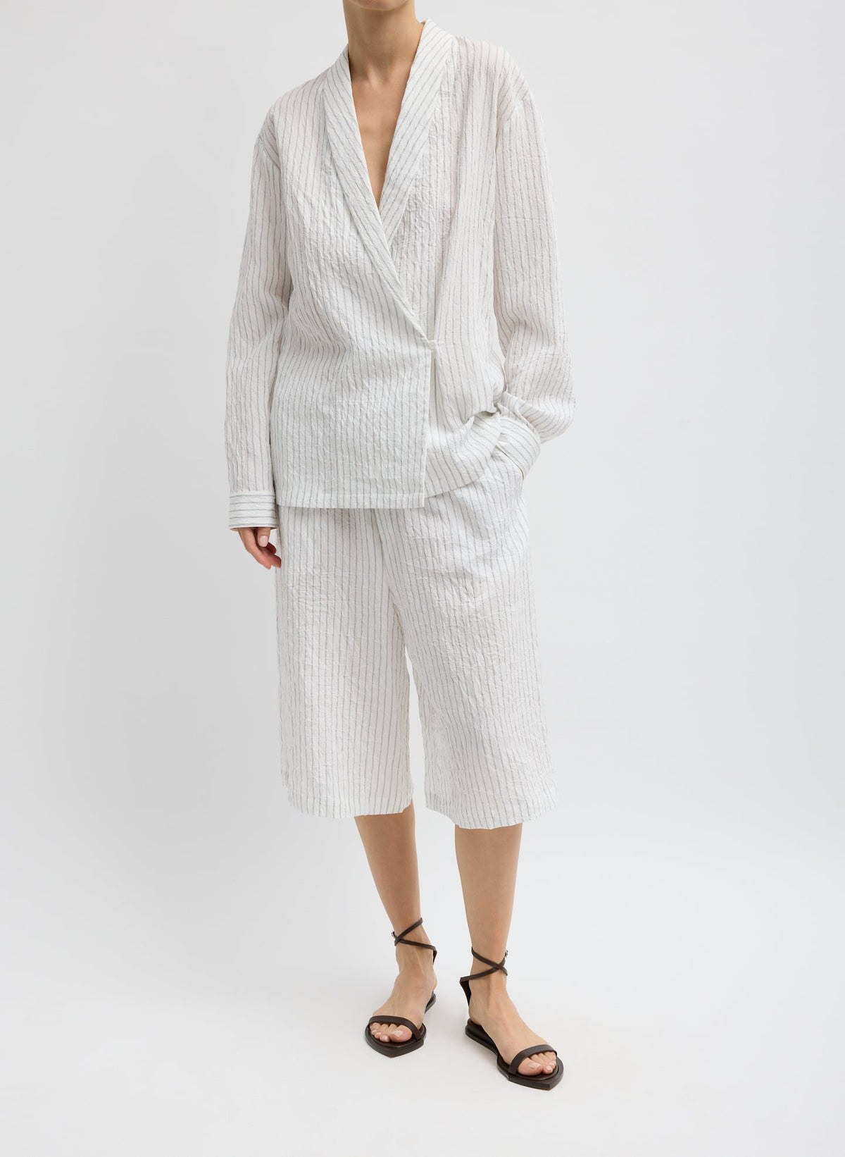 Crinkle Stripe Summer Suiting Relaxed Long Short Ivory Multi - Tibi