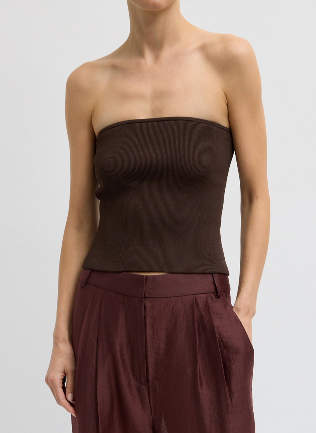 Ribbed Sweater Tube Top Hickory Brown - Tibi