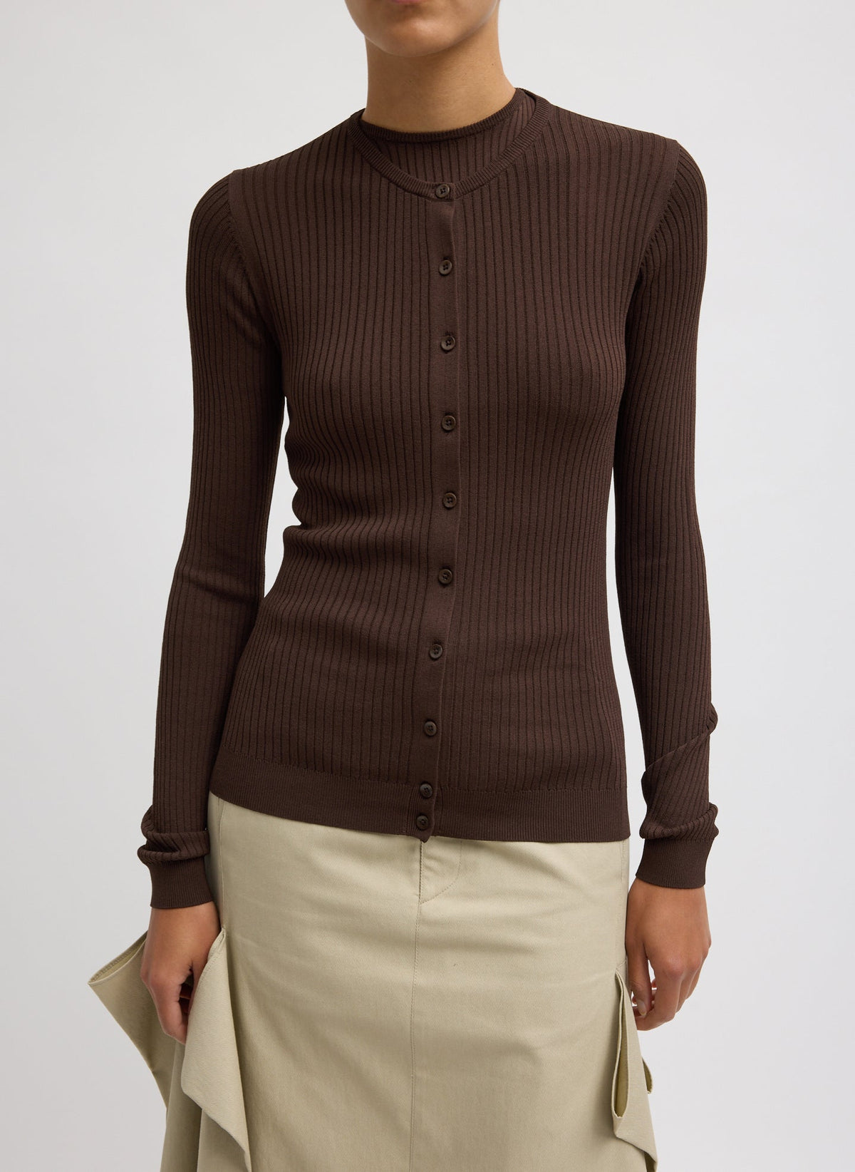 Ribbed Sweater Slim Cardigan Hickory Brown - Tibi