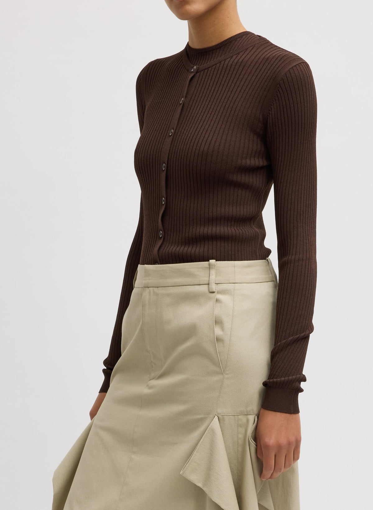 Ribbed Sweater Slim Cardigan Hickory Brown - Tibi