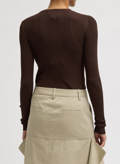 Ribbed Sweater Slim Cardigan Hickory Brown - Tibi