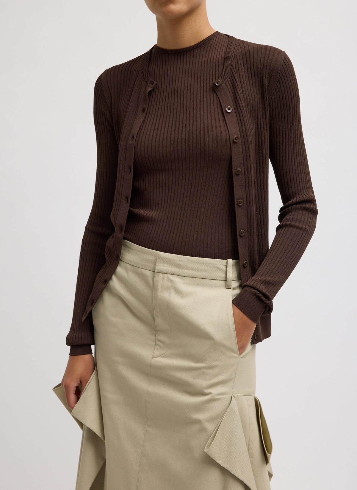 Ribbed Sweater Slim Cardigan Hickory Brown - Tibi