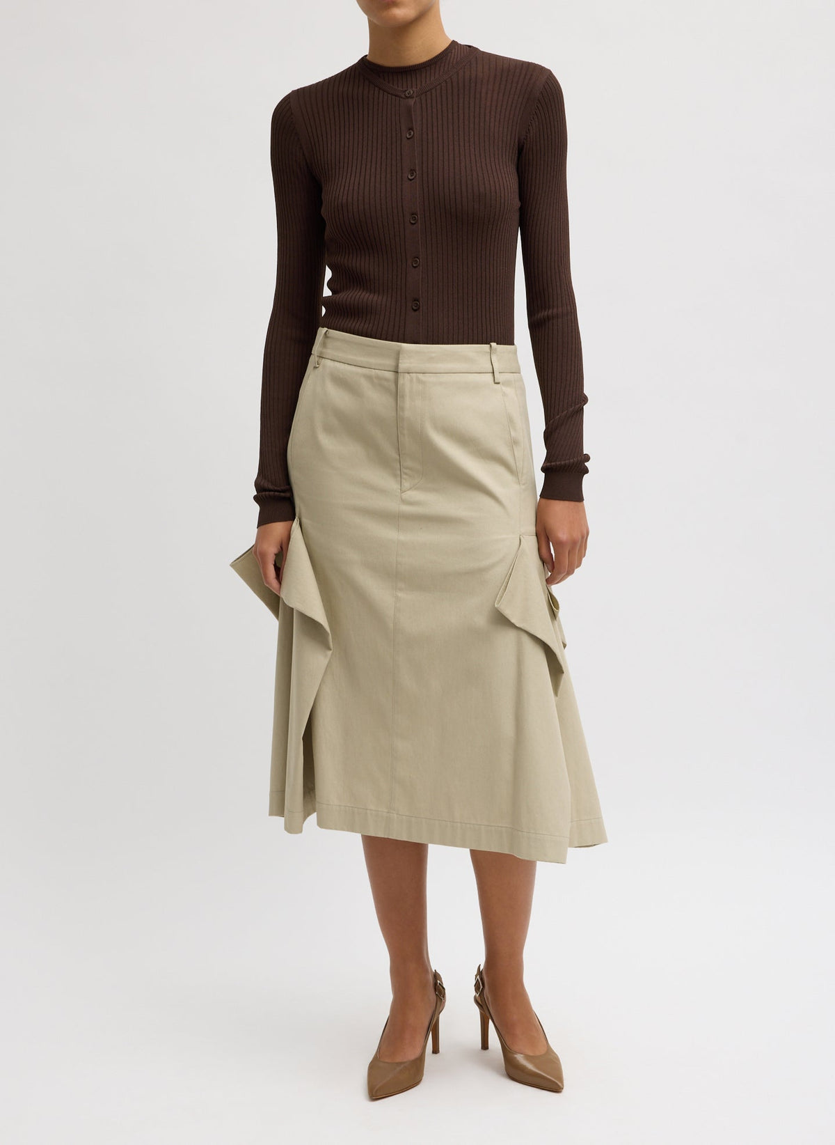 Ribbed Sweater Slim Cardigan Hickory Brown - Tibi