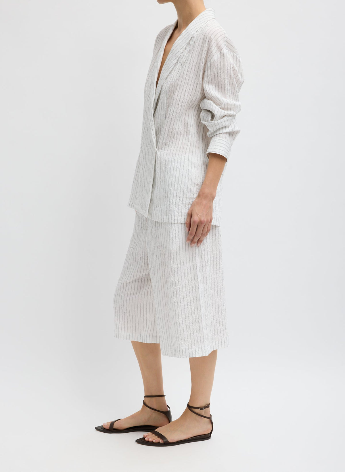 Crinkle Stripe Summer Suiting Relaxed Long Short Ivory Multi - Tibi