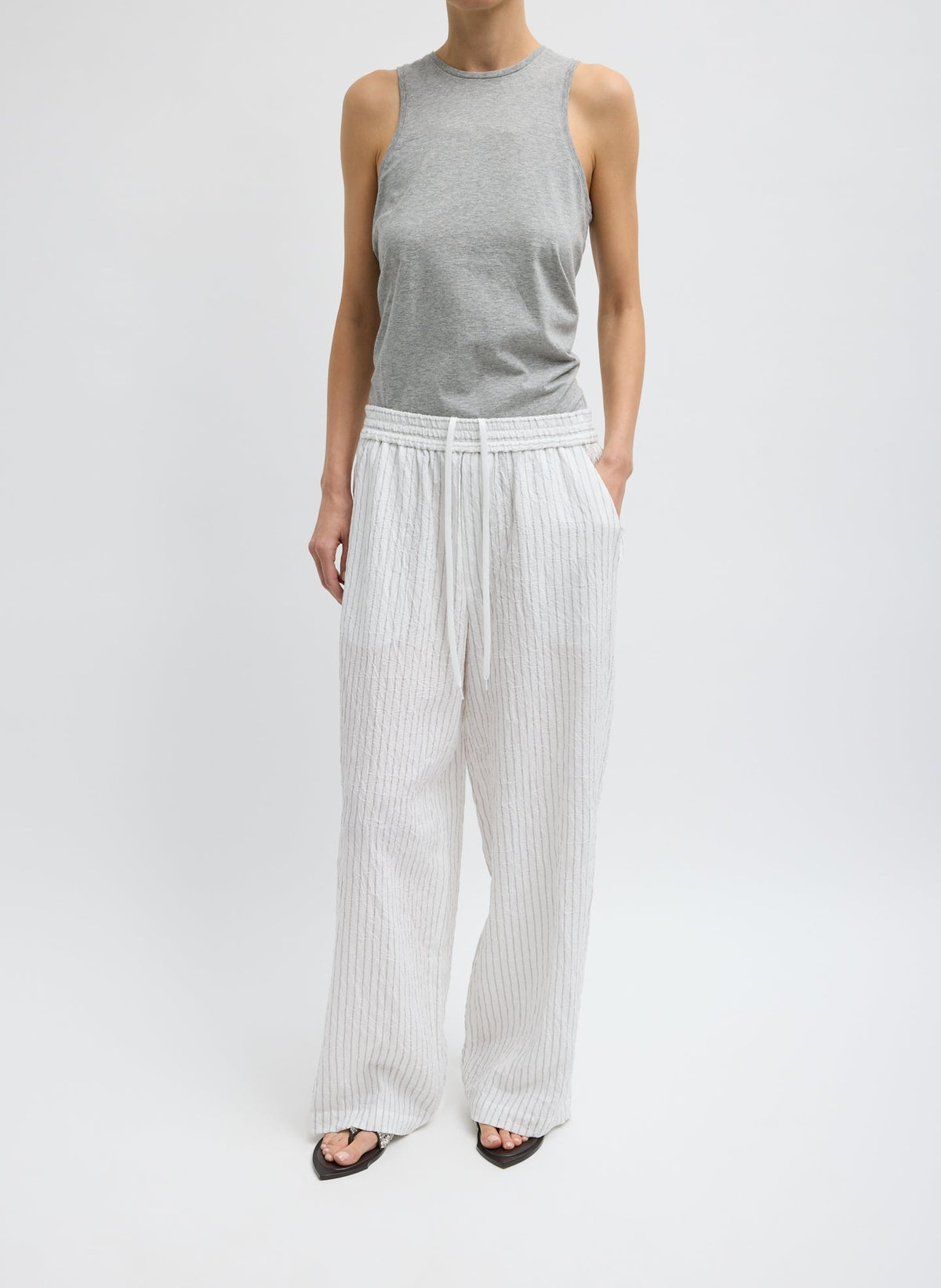 Crinkle Stripe Summer Suiting Wide Leg Pull On Pant Ivory Multi - Tibi