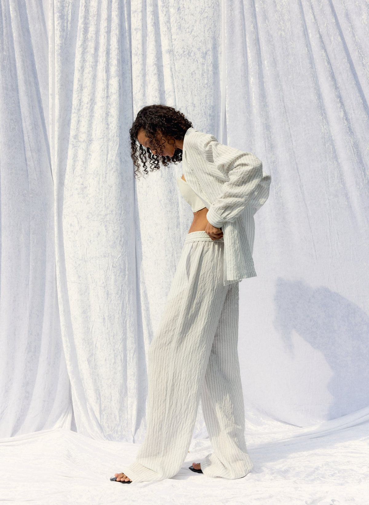 Crinkle Stripe Summer Suiting Wide Leg Pull On Pant Ivory Multi - Tibi