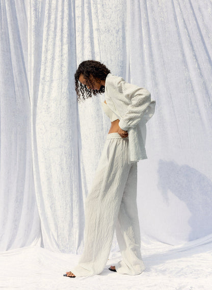 Crinkle Stripe Summer Suiting Wide Leg Pull On Pant Ivory Multi - Tibi