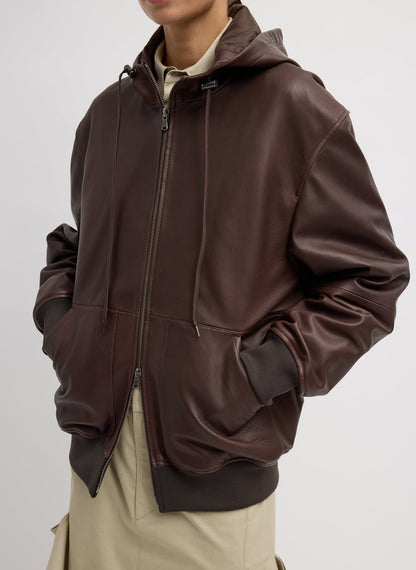 Leather Zip Up Hoodie Jacket Brown - Tibi