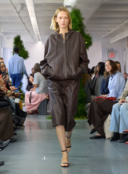 Leather Zip Up Hoodie Jacket Brown - Tibi