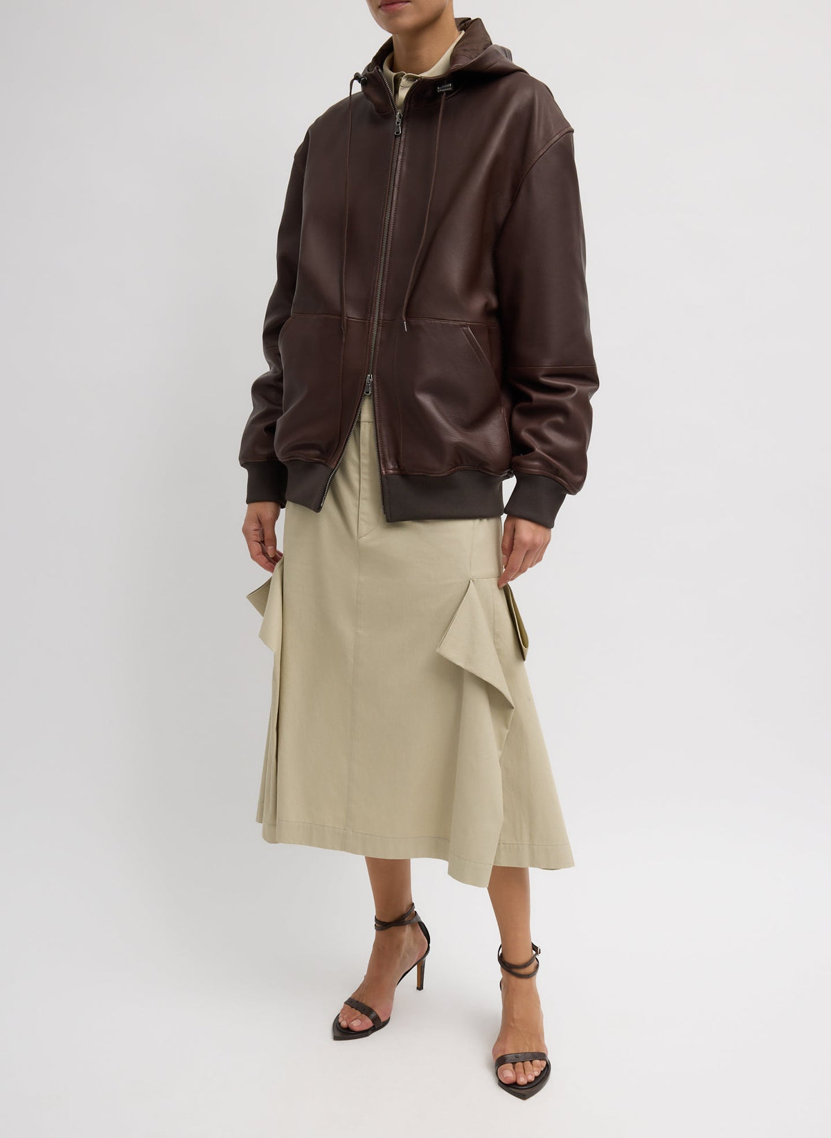 Leather Zip Up Hoodie Jacket Brown - Tibi
