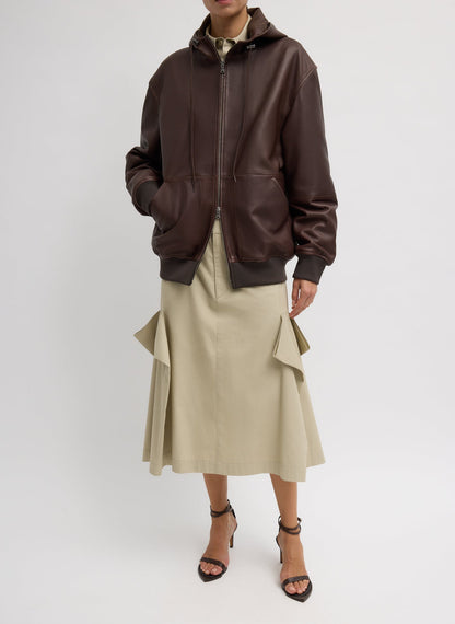 Leather Zip Up Hoodie Jacket Brown - Tibi