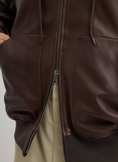 Leather Zip Up Hoodie Jacket Brown - Tibi