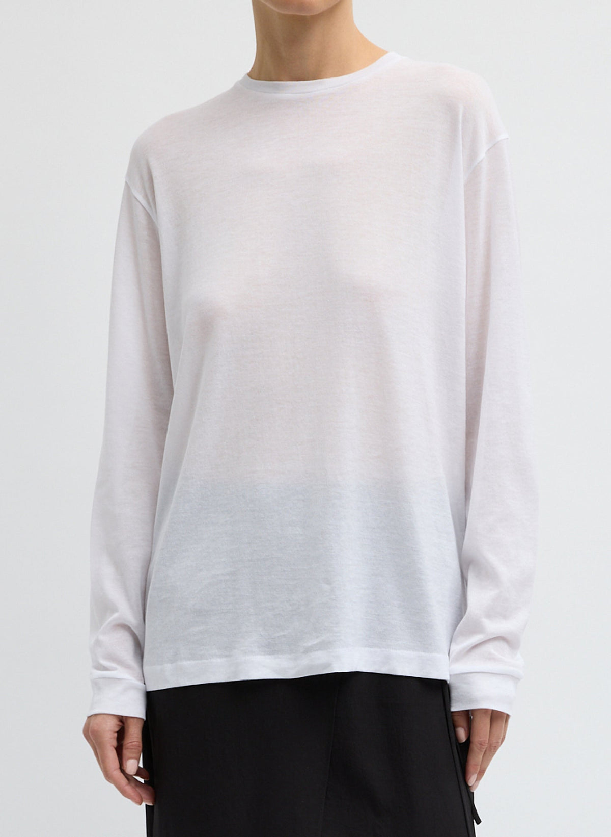 Sheer Crepe Knit Crewneck Unisex Long Sleeve T-Shirt White - Tibi