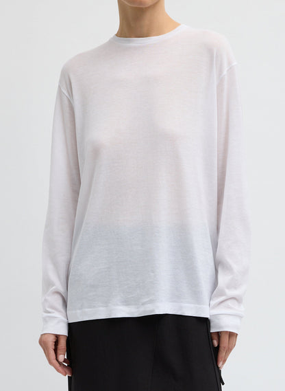 Sheer Crepe Knit Crewneck Unisex Long Sleeve T-Shirt White - Tibi