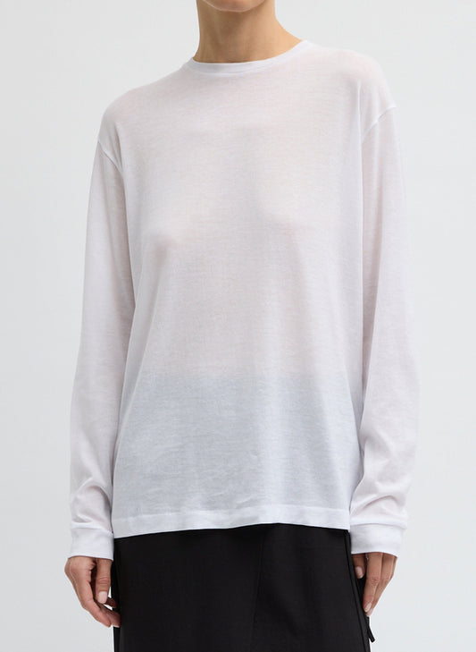 Sheer Crepe Knit Crewneck Unisex Long Sleeve T-Shirt White - Tibi
