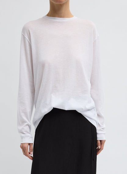 Sheer Crepe Knit Crewneck Unisex Long Sleeve T-Shirt White - Tibi