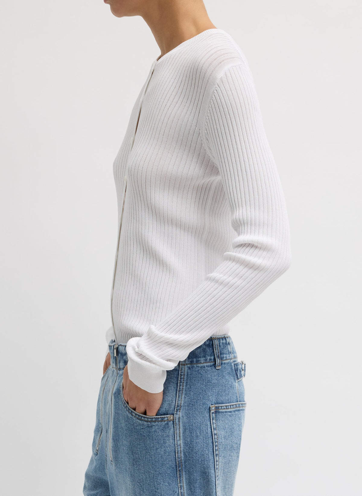 Ribbed Sweater Slim Cardigan White - Tibi