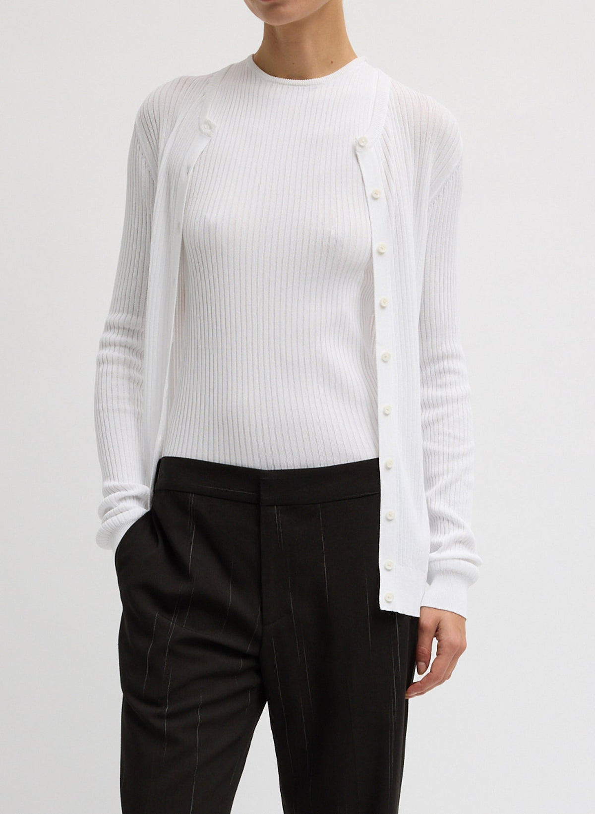 Ribbed Sweater Slim Cardigan White - Tibi