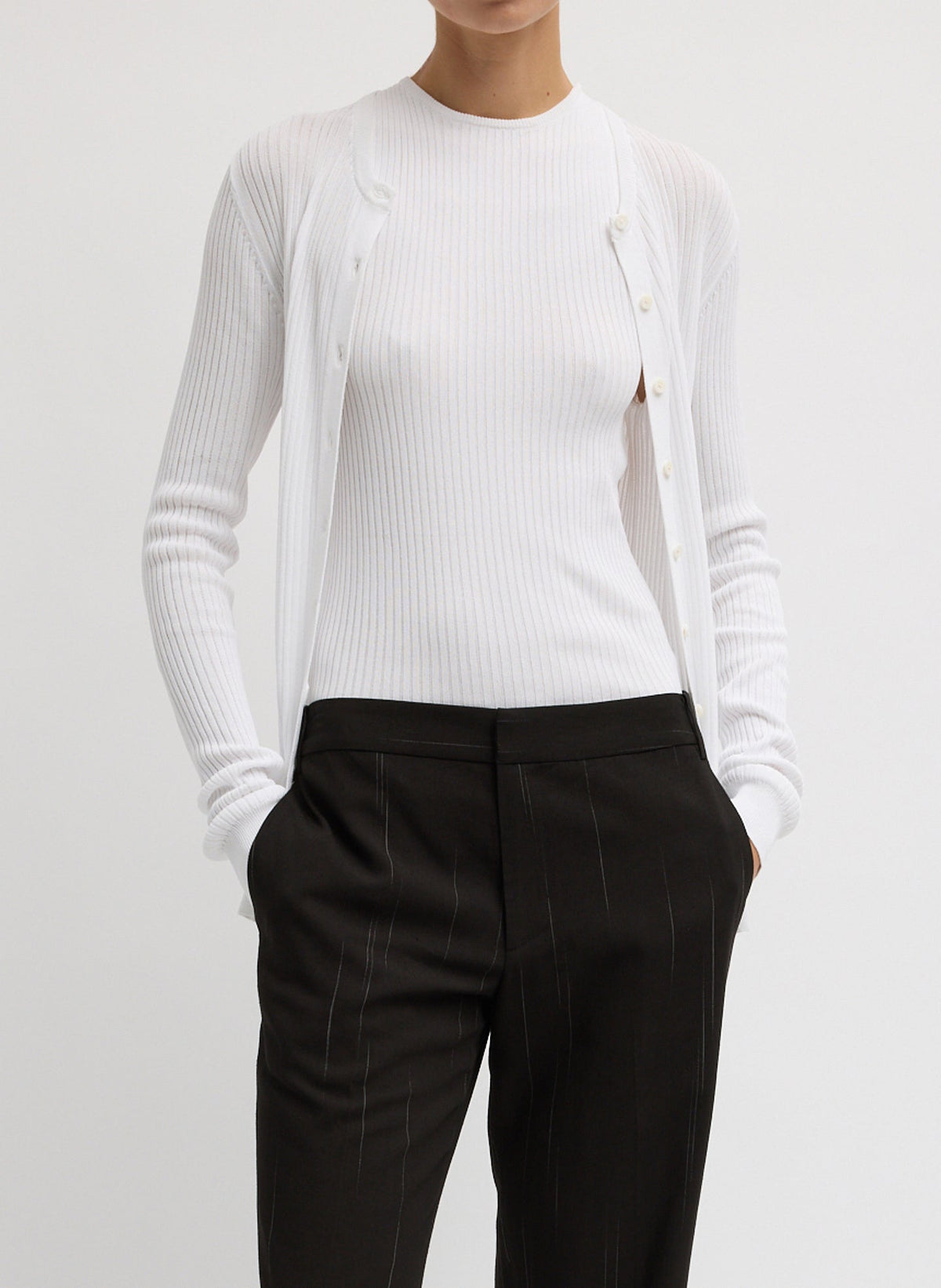 Ribbed Sweater Slim Cardigan White - Tibi