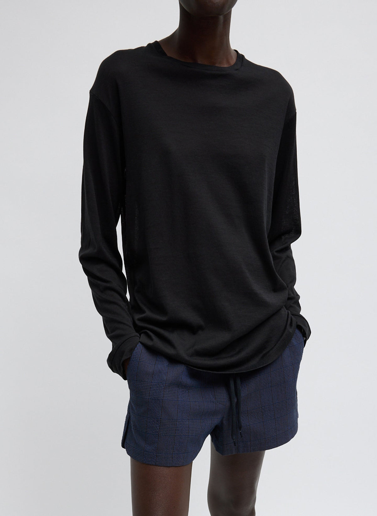 Sheer Crepe Knit Crewneck Unisex Long Sleeve T-Shirt Black - Tibi