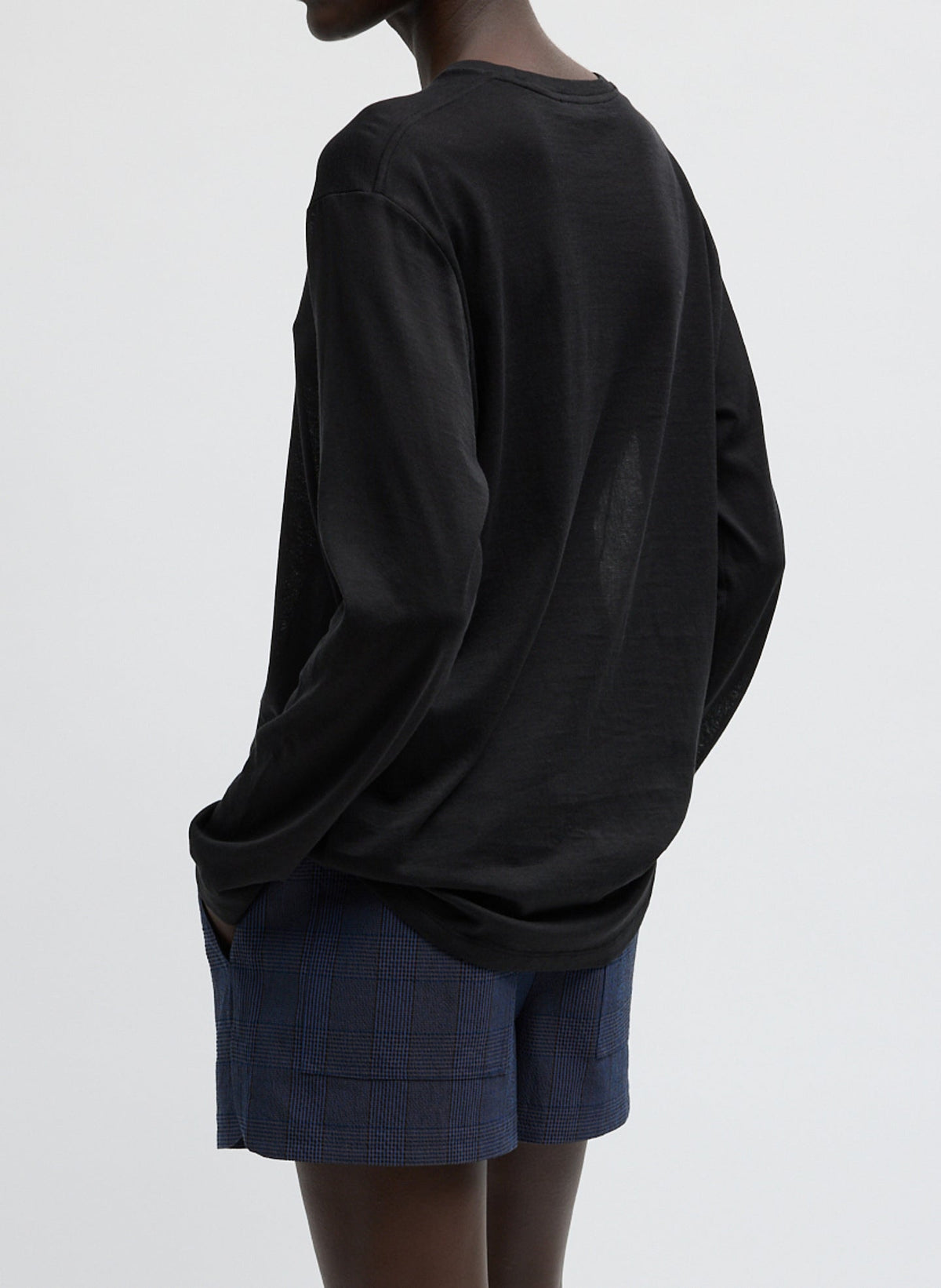 Sheer Crepe Knit Crewneck Unisex Long Sleeve T-Shirt Black - Tibi