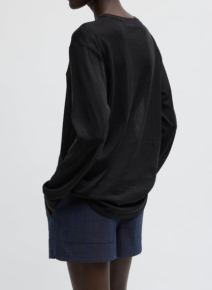 Sheer Crepe Knit Crewneck Unisex Long Sleeve T-Shirt Black - Tibi