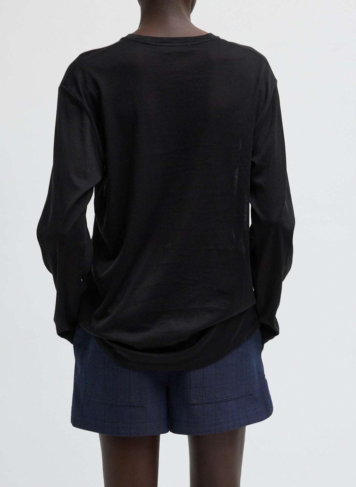 Sheer Crepe Knit Crewneck Unisex Long Sleeve T-Shirt Black - Tibi