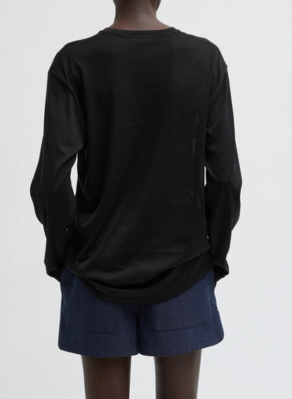 Sheer Crepe Knit Crewneck Unisex Long Sleeve T-Shirt Black - Tibi