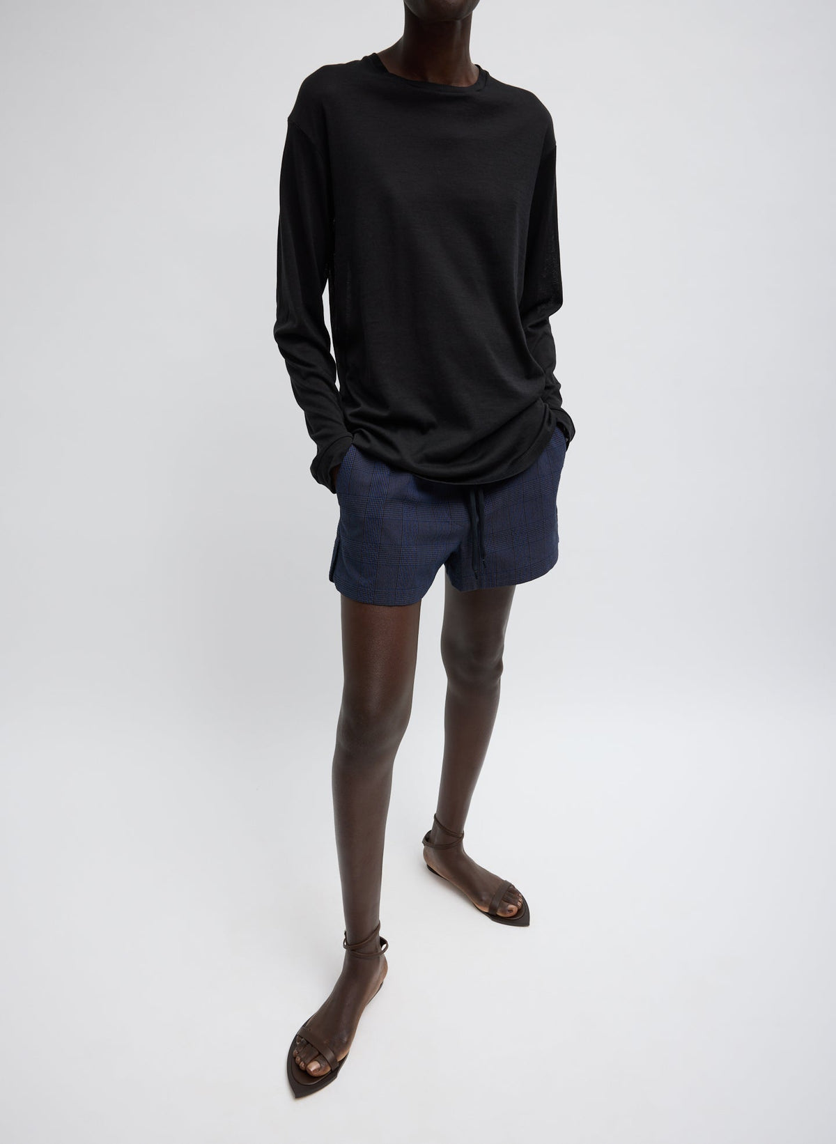 Sheer Crepe Knit Crewneck Unisex Long Sleeve T-Shirt Black - Tibi