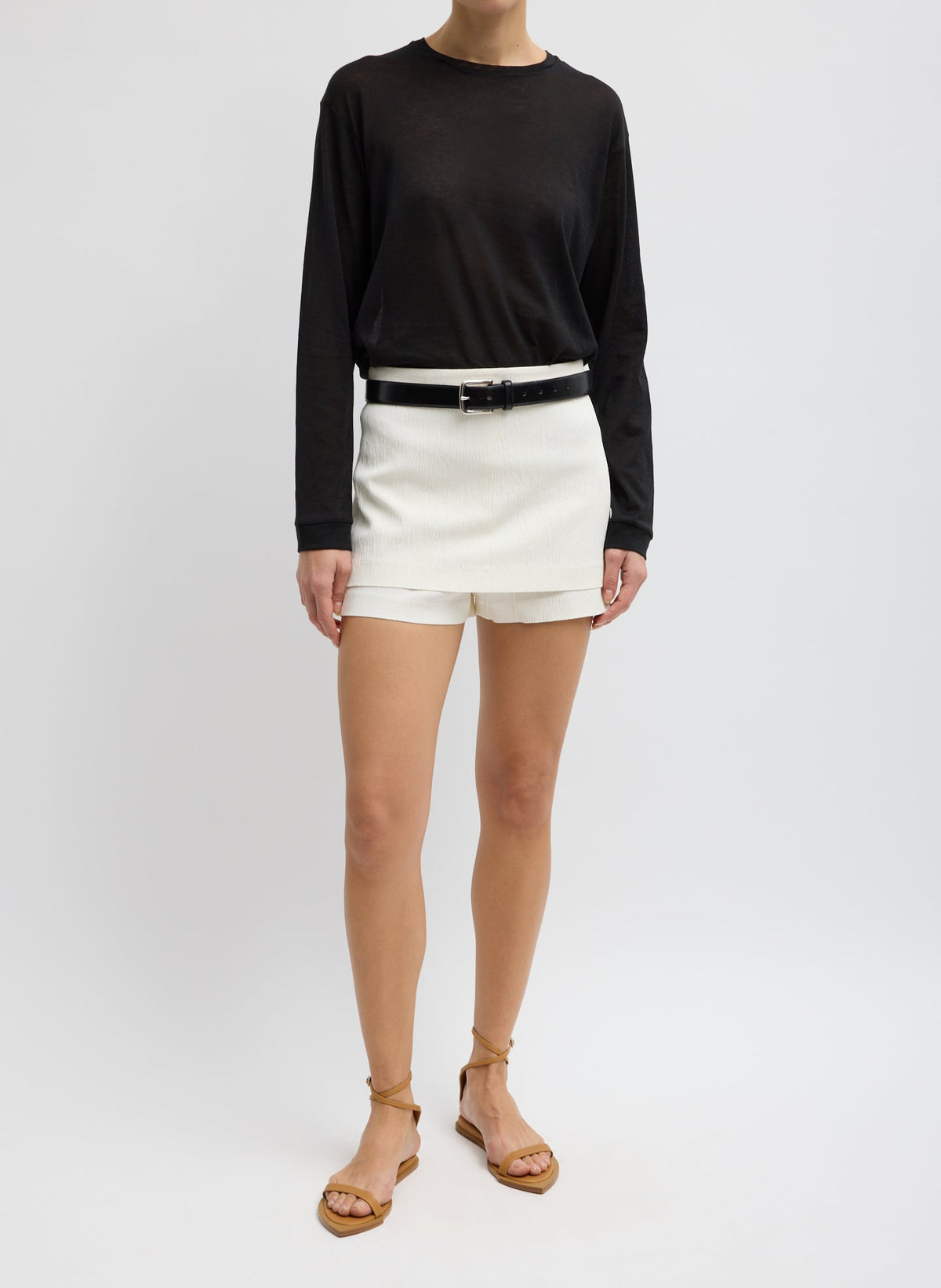 Sheer Crepe Knit Crewneck Unisex Long Sleeve T-Shirt Black - Tibi