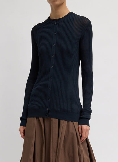 Ribbed Sweater Slim Cardigan Navy - Tibi