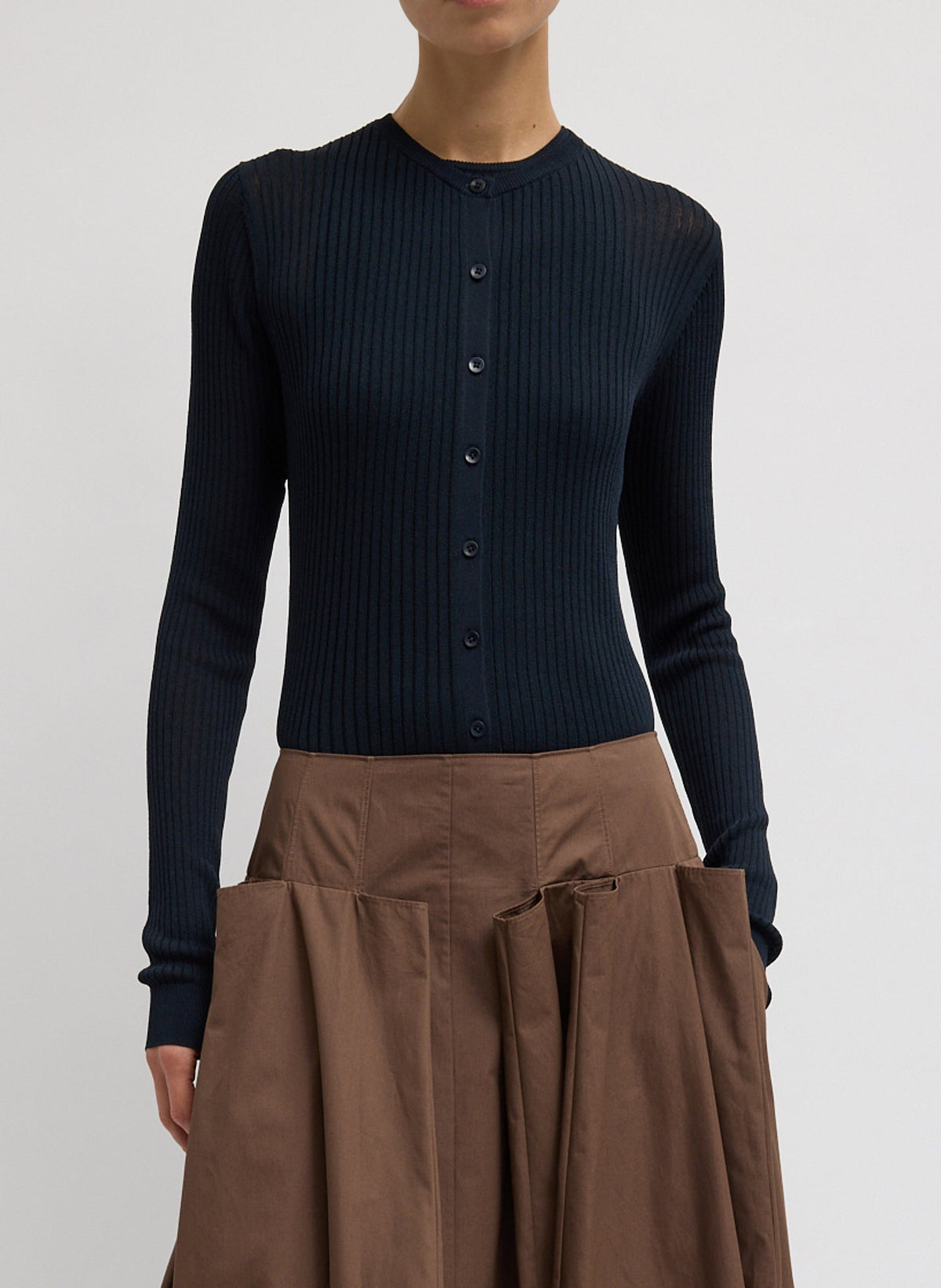 Ribbed Sweater Slim Cardigan Navy - Tibi