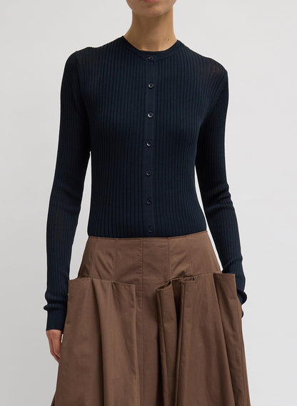 Ribbed Sweater Slim Cardigan Navy - Tibi
