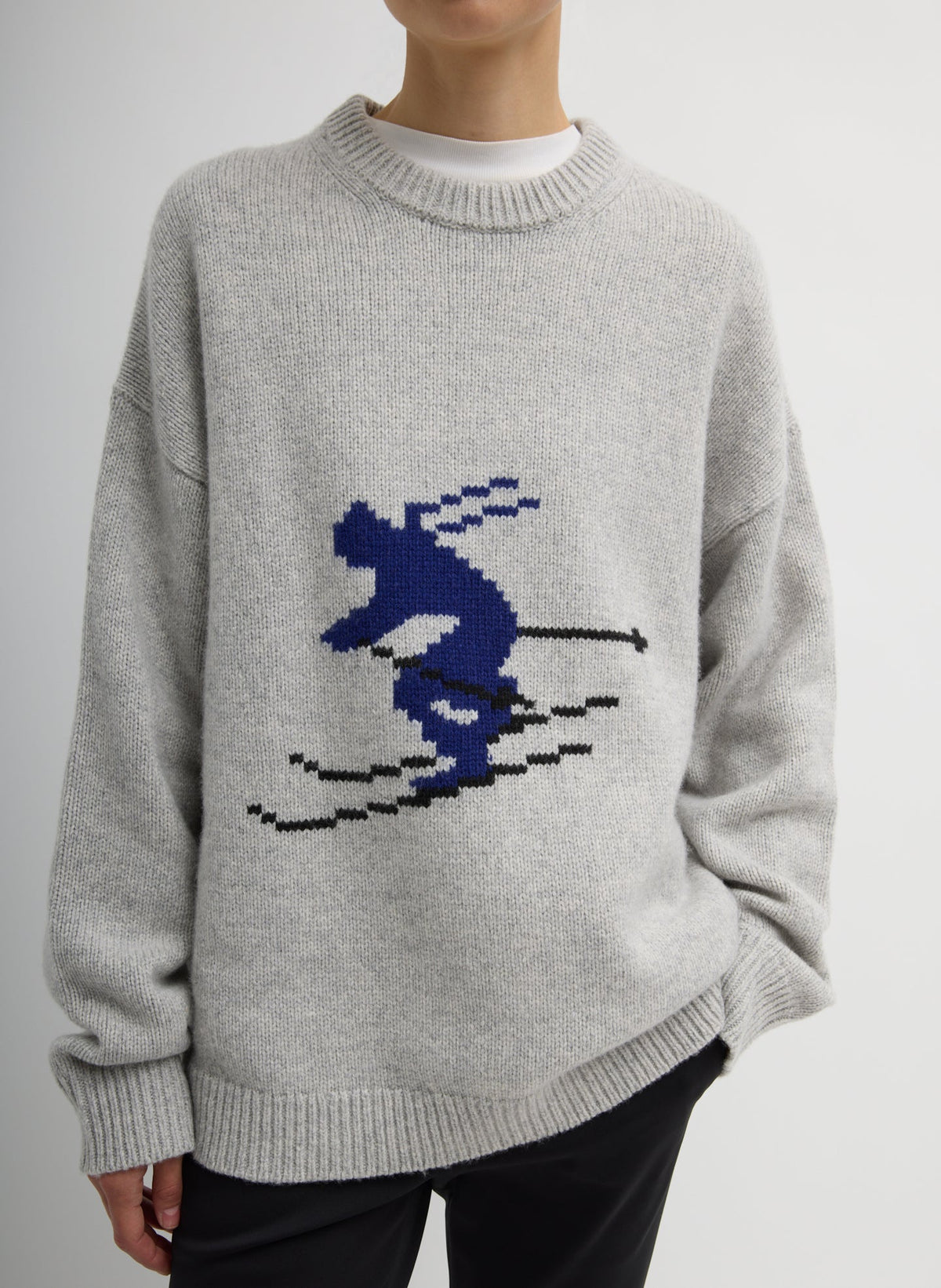 Soft Wool Ski Easy Pullover Crewneck Sweater Heather Grey Multi - Tibi