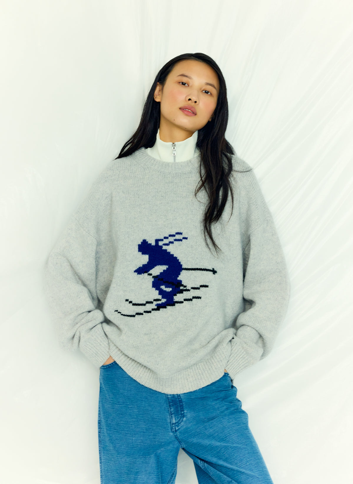 Soft Wool Ski Easy Pullover Crewneck Sweater Heather Grey Multi - Tibi