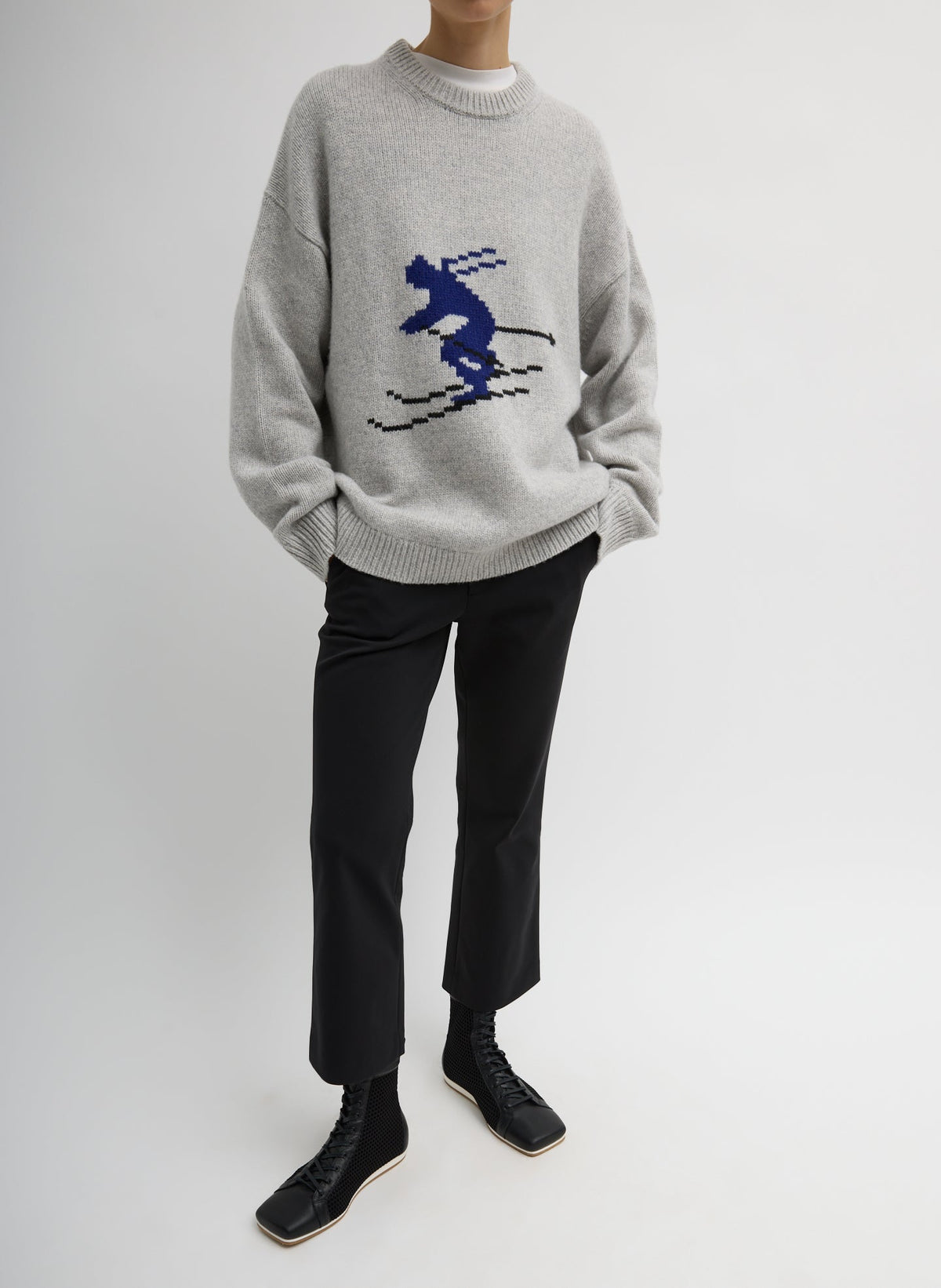 Soft Wool Ski Easy Pullover Crewneck Sweater Heather Grey Multi - Tibi