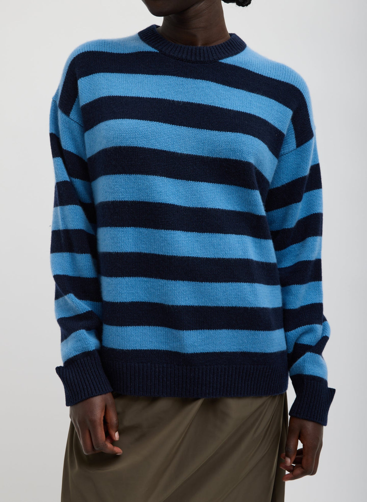 Striped Cashmere Crewneck Easy Pullover Navy Multi - Tibi