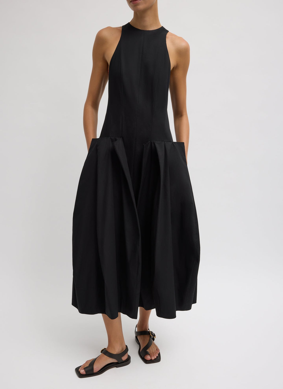Compact Eco Poplin Pinched Pleat Dress Black - Tibi