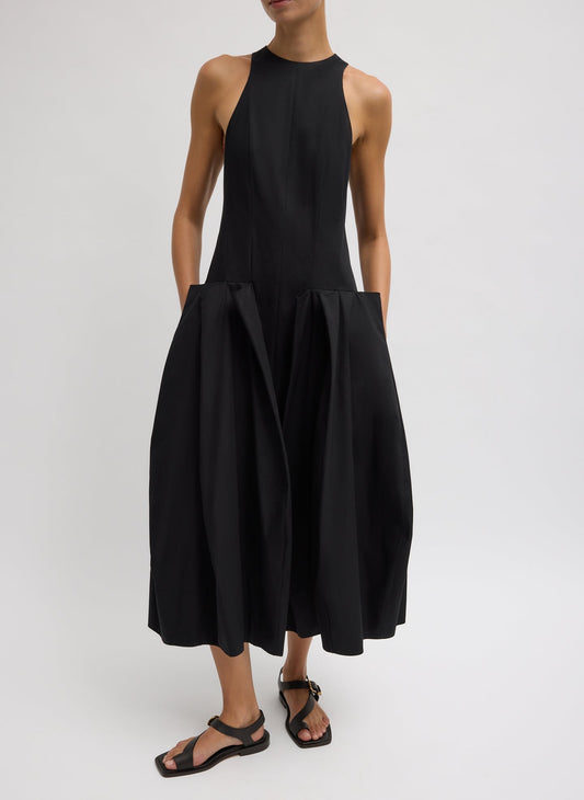 Compact Eco Poplin Pinched Pleat Dress Black - Tibi