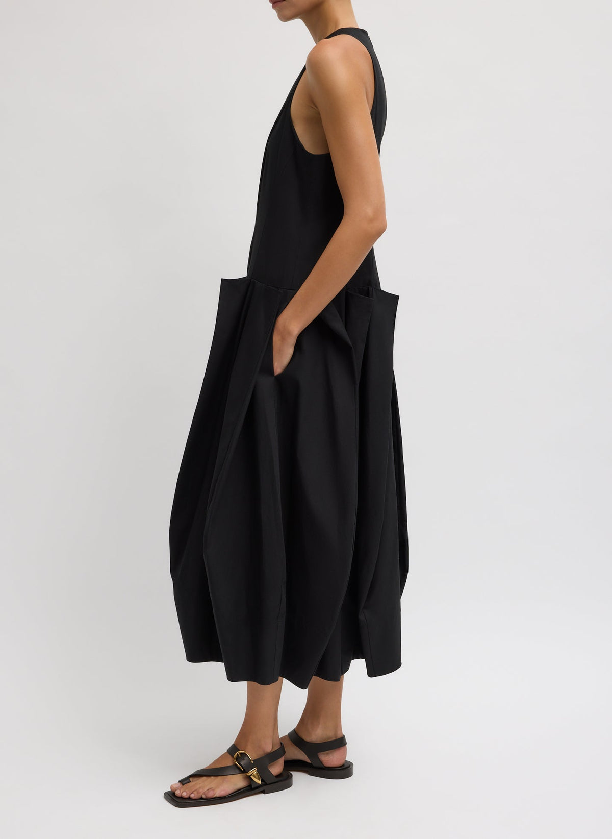 Compact Eco Poplin Pinched Pleat Dress Black - Tibi