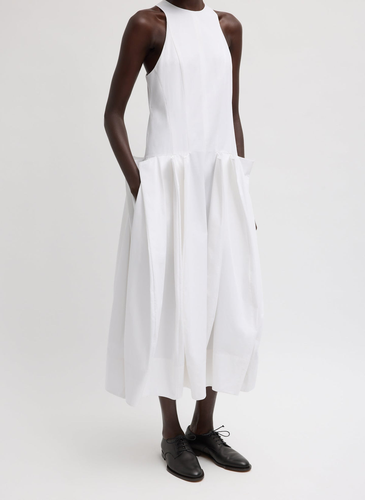 Compact Eco Poplin Pinched Pleat Dress White - Tibi