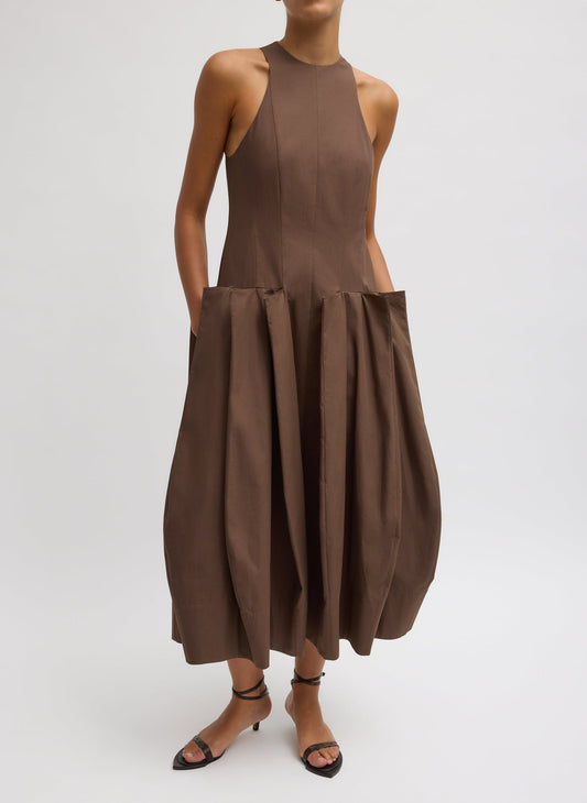 Compact Eco Poplin Pinched Pleat Dress Sepia Brown - Tibi