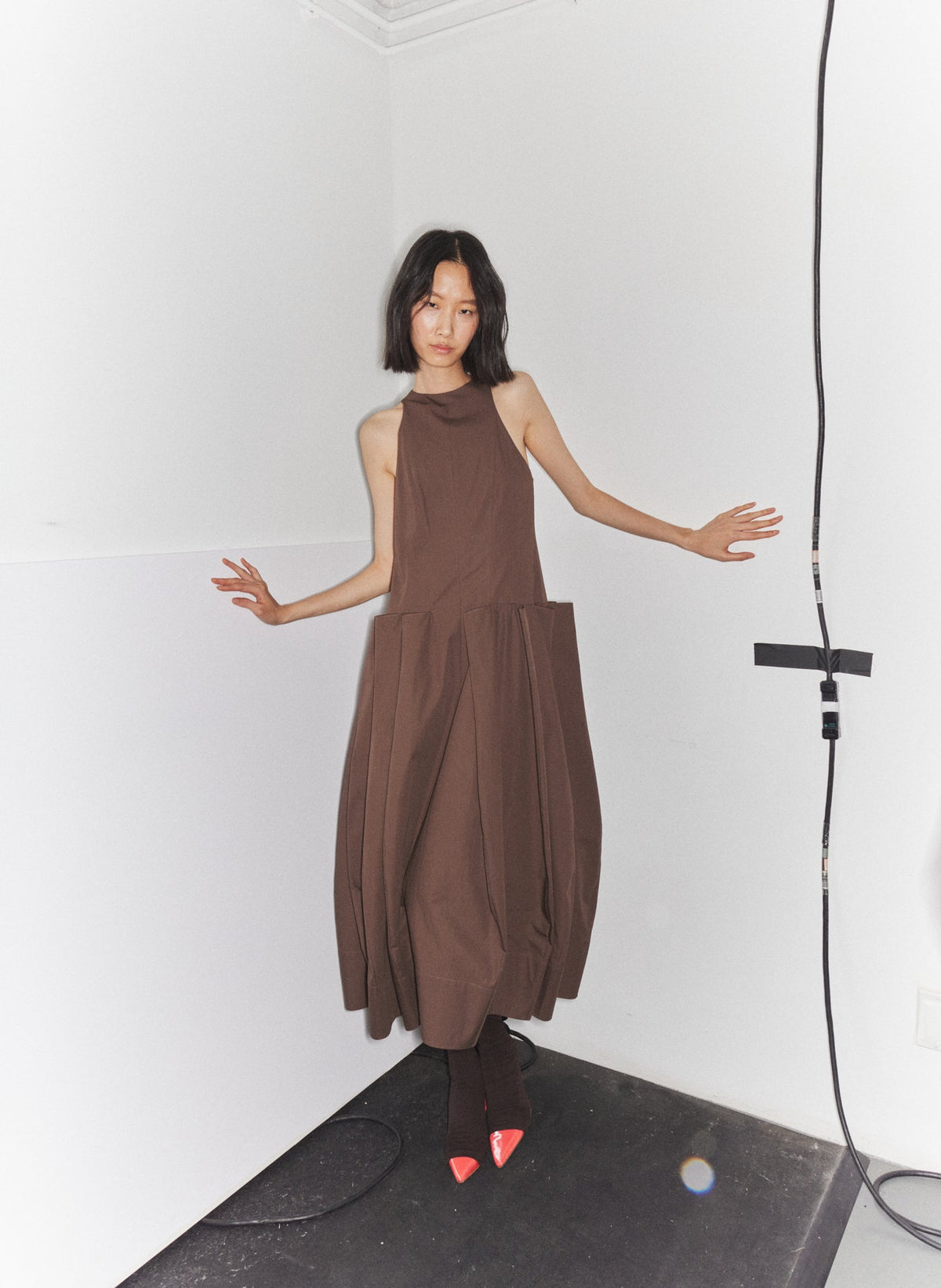 Compact Eco Poplin Pinched Pleat Dress Sepia Brown - Tibi
