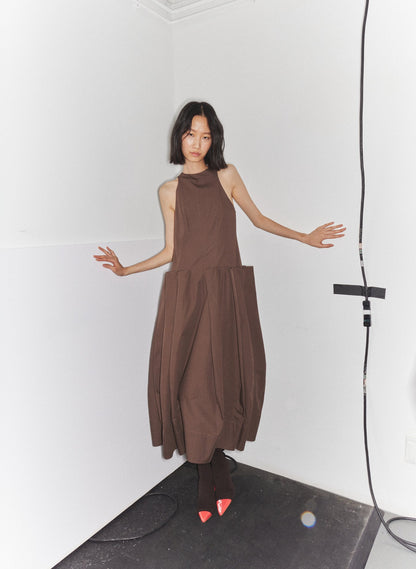 Compact Eco Poplin Pinched Pleat Dress Sepia Brown - Tibi