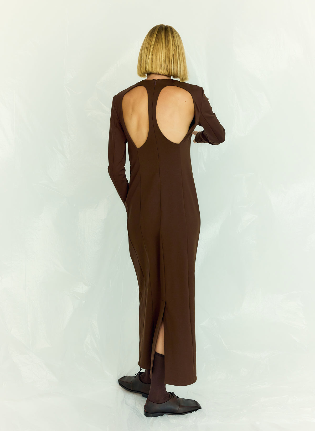 Compact Ultra Stretch Knit Dress With Cut Out Back Brown - Tibi