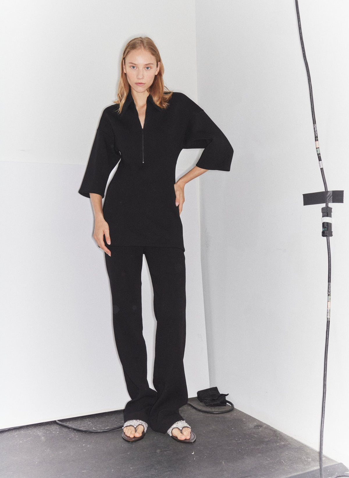 Bonded Viscose Zip Front Short Sleeve Slim Tunic Black - Tibi