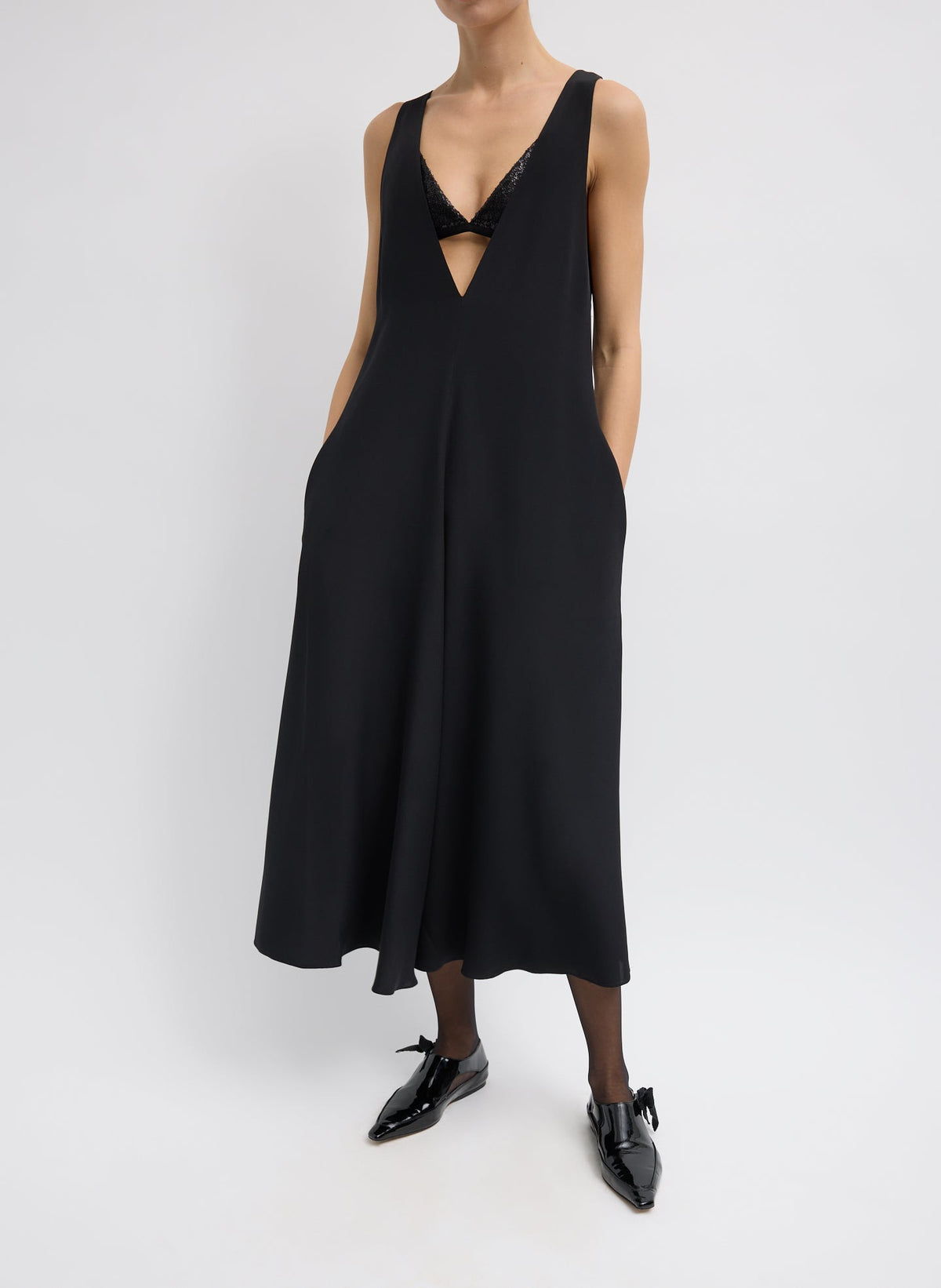 4-Ply Silk V-Neck Dress With Bra Black - Tibi