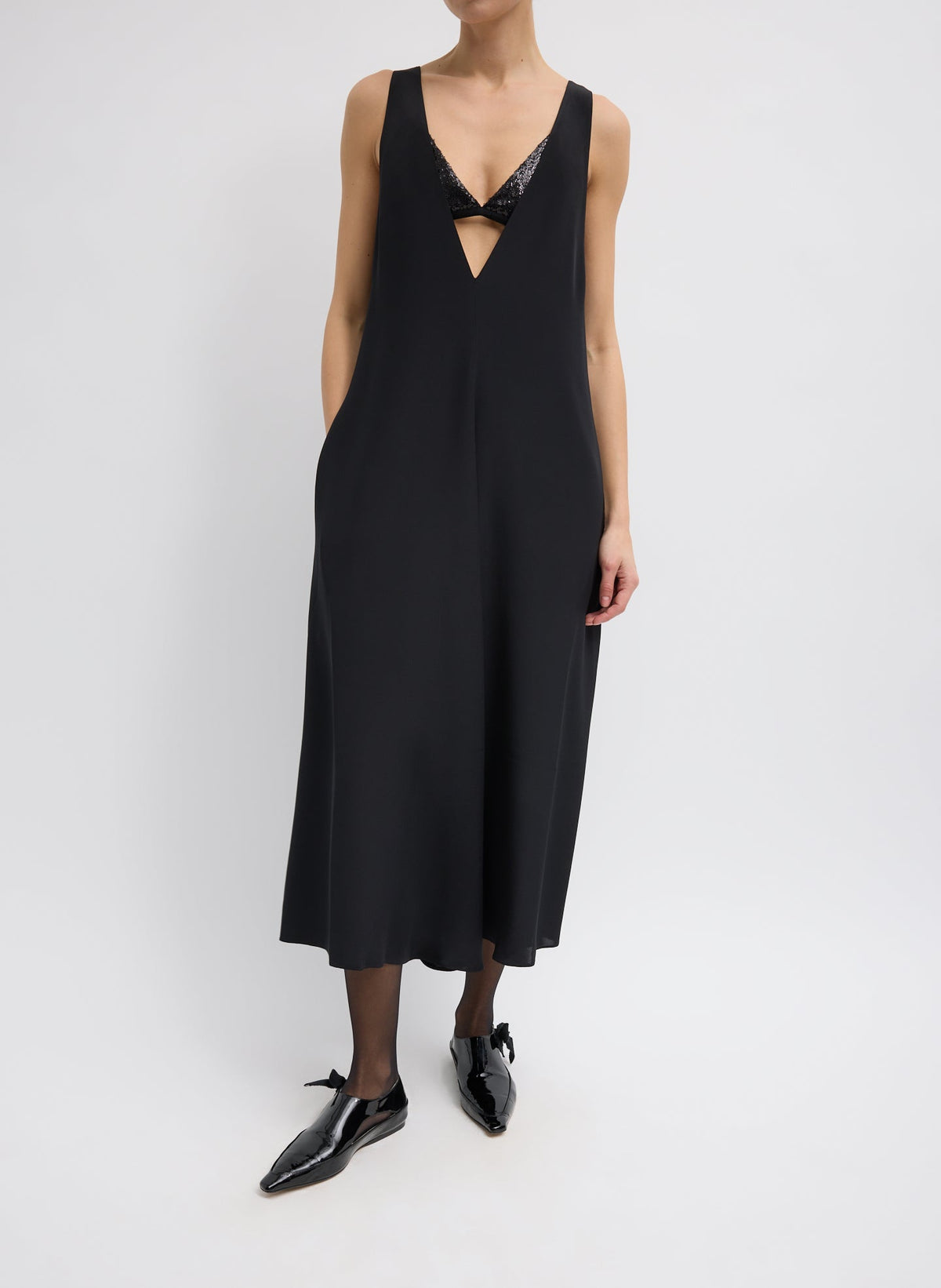 4-Ply Silk V-Neck Dress With Bra Black - Tibi