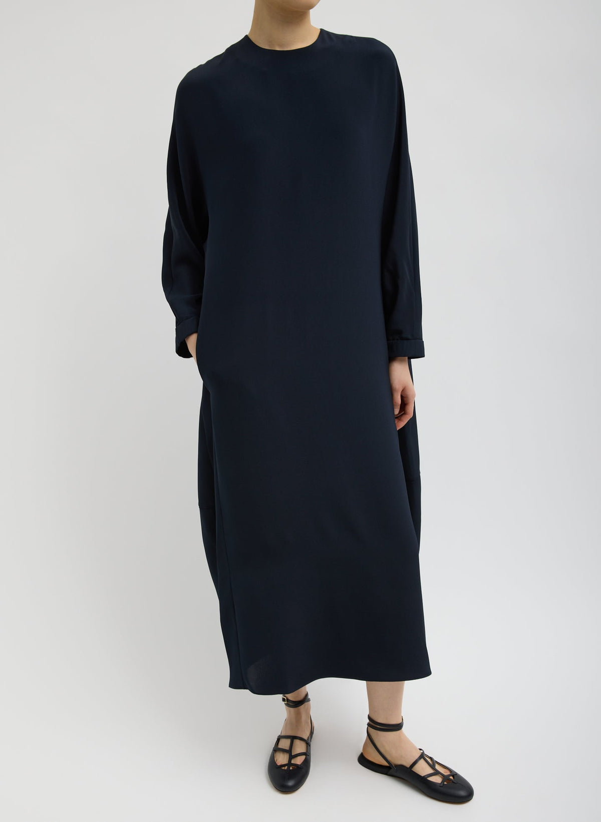 4-Ply Silk Long Sleeve Cocoon Dress Dark Navy - Tibi