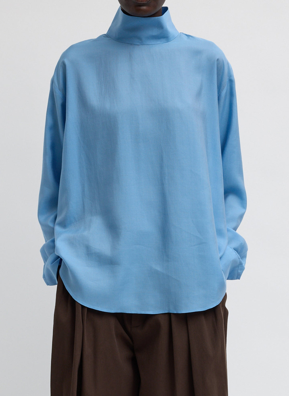 Ultra Light Silk Tencel Funnel Neck Shirt Blue - Tibi